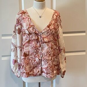 Tahari Women’s Linen Top Blouse Size Large Puff Sleeves Floral Bohemian‎